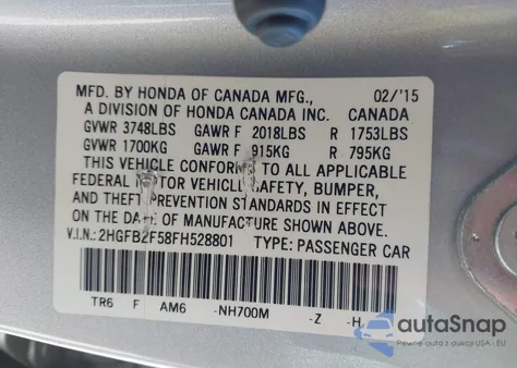 2015 Honda Civic Lx из США, поврежденный, VIN 2HGFB2F58FH528801